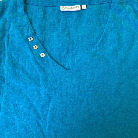 Lula B sleeveless v-neck summer top with fluttery hem. 100% Cotton Teal Blue - Picture 2 of 4